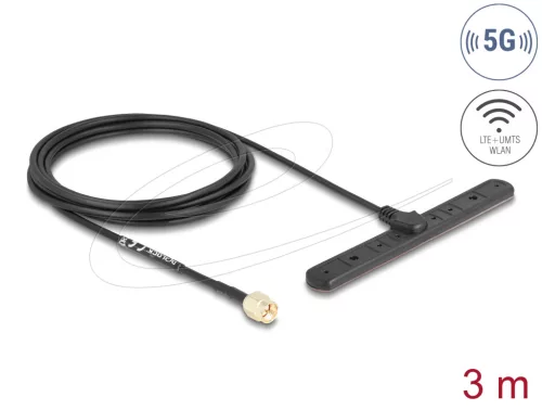 Delock 5G LTE antenna SMA-dugó 3 dBi mindenirányú RG-174-es csatlakozó kábellel biztosított, 3 m öntapadós csatlakozás kültéri, fekete színű (DL-96090)