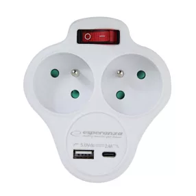  Esperanza elektromos aljzatelosztó 2 aljzatos kapcsoló usb-a usb-c töltővel fehér