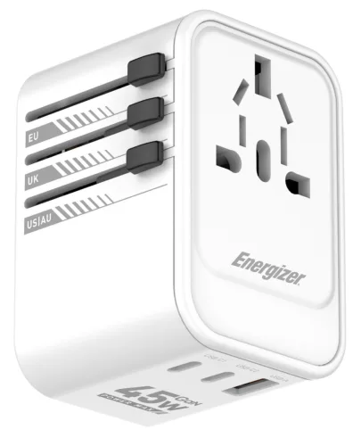Energizer ETC450 univerzális csatlakozású (EU, UK, US, AU) utazó adapter és PD gyorstöltő max. 45W töltési teljesítménnyel