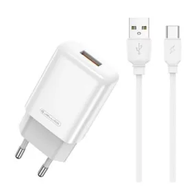   Jellico EU01 Hálózati töltő 2,4A 12W 1xUSB + USB-C adatkábel, Fehér