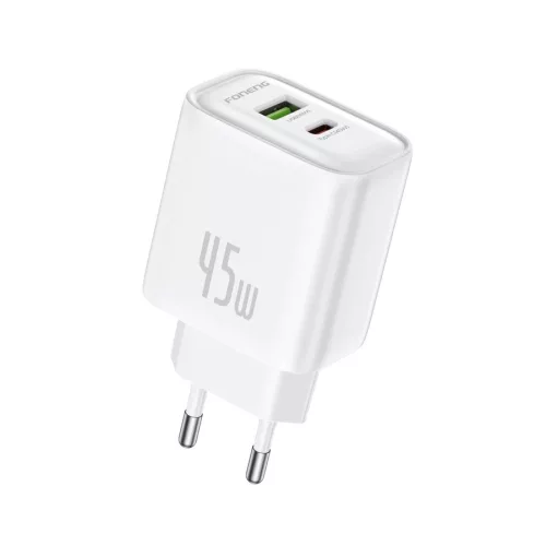 Foneng fali töltő EU67 PD 45W GaN 1xUSB-C + 1xUSB QC3.0, fehér