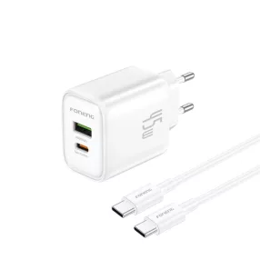   Foneng fali töltő EU67 PD 45W GaN 1xUSB-C + 1xUSB QC3.0 + kábel USB-C - USB-C, fehér
