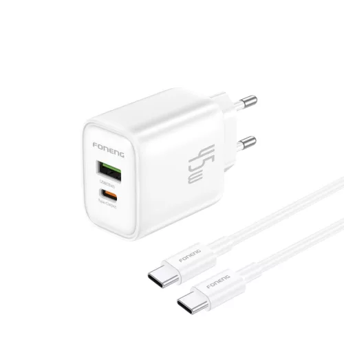Foneng fali töltő EU67 PD 45W GaN 1xUSB-C + 1xUSB QC3.0 + kábel USB-C - USB-C, fehér