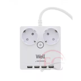   Well EXTS-2S3M-PROT/USB4-WL Kettő férőhelyes földelt kapcsolós elosztó + 4x USB