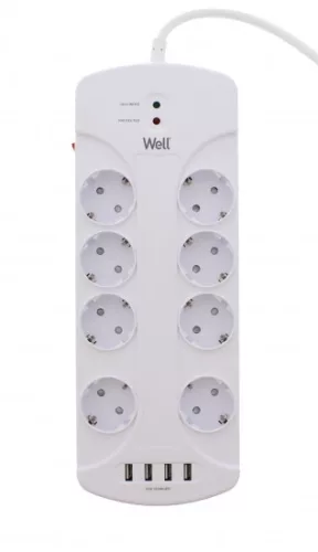 Well EXTS-8S3M-PROT-USB4-WL Nyolc férőhelyes földelt kapcsolós elosztó + 4x USB