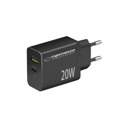 Esperanza gyorstöltő 20w usb-c pd 20w / usb-a qc 3.0 18w fekete