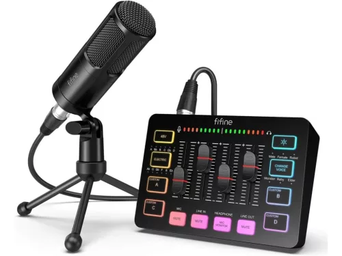 Fifine KS3 4 csatornás keverő, külső hangkártya, audió interfész + EFFEKT + dinamikus mikrofon[XLR]
