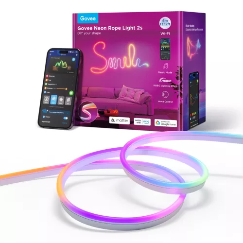 Govee Neon szalagfény 2 szilikon védőburkolattal  (4 m) Fehér Hang + Wifi + Bluetooth vezérlésel, GOVH61D4C01