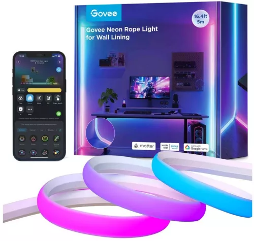 Govee falra szerelhető szalagfény  (5 m) lágy szilikonos gumi bevonattal Fehér Hang + Wifi + Bluetooth vezérléssel, GOVH6641