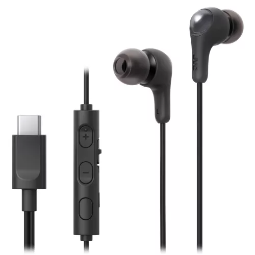 JVC HA-FR9UC-B vezetékes fülhallgató USB-C csatlakozóval, mikrofonnal és vezérlővel, 4 méretű szilikon gumiharanggal