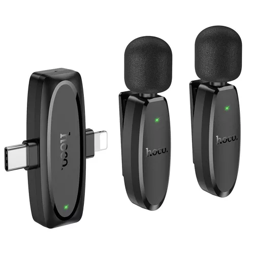 Hoco L15 Vezeték nélküli csíptetős mikrofon Lightning / USB C 2 db fekete