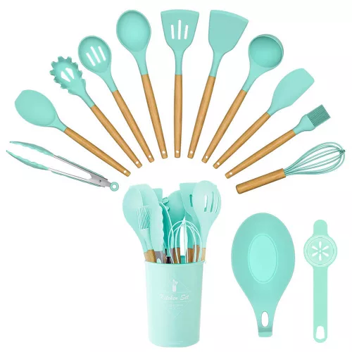 Timeless Gourmet 14 darabos konyhai eszközkészlet, hőálló szilikon fejjel, tartóval, türkiz (HOP1001658-3)
