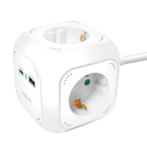 Logilink 4-utas töltőkocka, 4x aljzat, 1x USB-C PD 20W, 1x USB-A QC 18W, fehér