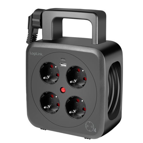 Logilink 5 m tápkábeldob, 4x AC aljzat, 1x USB-A, 1x USB-C, IP20, 3000 W