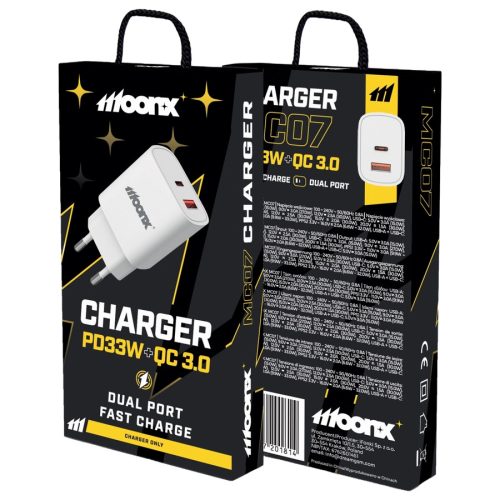 MOONX MC07 QC3.0 Hálózati töltő 1xUSB-C + 1xUSB, 33W, Fehér