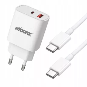   MOONX MC07 QC3.0 Hálózati töltő 1xUSB-C + 1xUSB, + 1db USB-C-USB-C kábel, 33W, Fehér