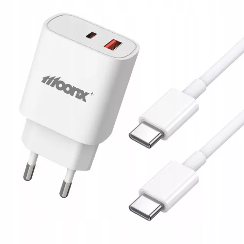 MOONX MC07 QC3.0 Hálózati töltő 1xUSB-C + 1xUSB, + 1db USB-C-USB-C kábel, 33W, Fehér