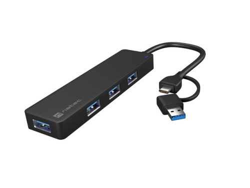 Natec Mayfly USB Type-C-rol 4 USB 3.0 HUB + USB-A adapter, fekete