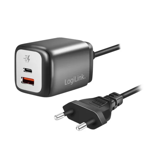 Logilink Kettős USB-csatlakozós adapter, GaN, 1x USB-A, 1x USB-C, 30 W, rögzített kábel (PA0314)