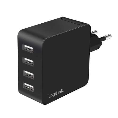 Logilink 4 portos USB fali töltő, 4x USB-A, 24 W, fekete