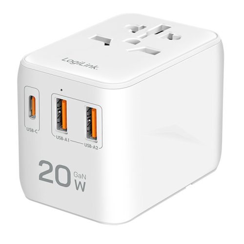 Logilink Univerzális utazó tápegység, 20 W (PD), 4x csatlakozók, tűzálló, fehér