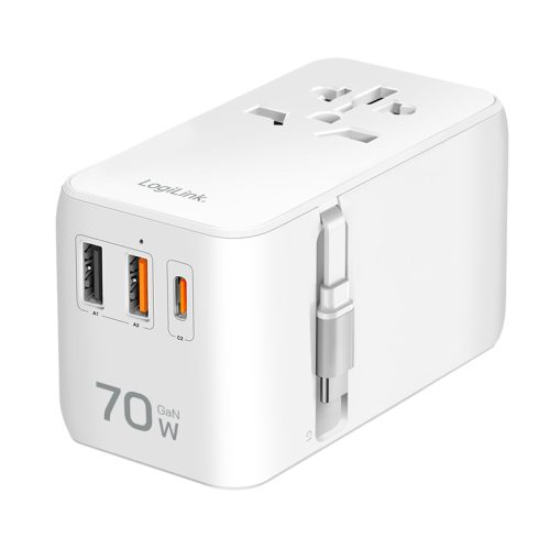 Logilink Univerzális utazó tápegység, 70 W (PD), 4x csatlakozások + kábel, tűzálló, fehér