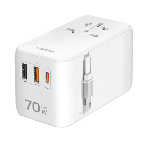 Logilink Univerzális utazó tápegység, 70 W (PD), 4x csatlakozások + kábel, tűzálló, fehér (PA0357)