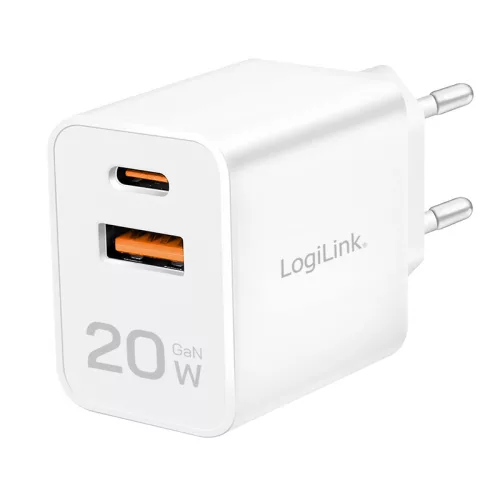 Logilink Kettős USB-s töltő, 20 W, GaN, 1x USB-C (PD), 1x USB-A, fehér (PA0369)