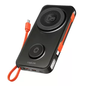   Logilink 10 000 mAh-s külső akkumulátor, USB-A/C/vezeték nélküli töltés, MagSafe, beépített kábel, AirPods, Apple Watch