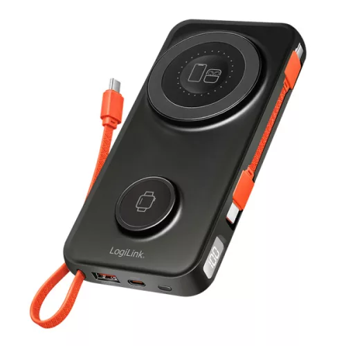 Logilink 10 000 mAh-s külső akkumulátor, USB-A/C/vezeték nélküli töltés, MagSafe, beépített kábel, AirPods, Apple Watch