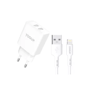   YOOUP NC76-B Hálózati töltő adapter dupa 2x USB-A, 12W, 100cm-es Lightning kábellel