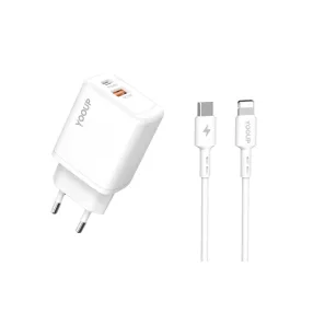   YOOUP NC56-D Hálózati töltő adapter PD 20W dupla USB-A,USB-C, 100 cm-es lightning kábellel