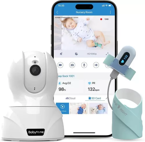 Babytone Baby O2 okos légzésfigyelő zokni- by Viatom, zöld + Kamera (PO5-S1-KAMERA)