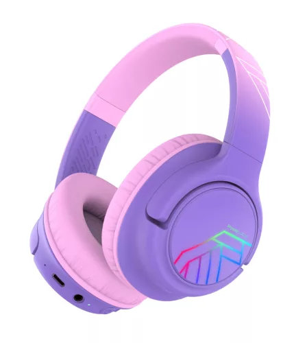 PowerLocus Bobo Bluetooth fejhallgató gyerekeknek beépített hangosság szabályzással, lila/rózsaszín