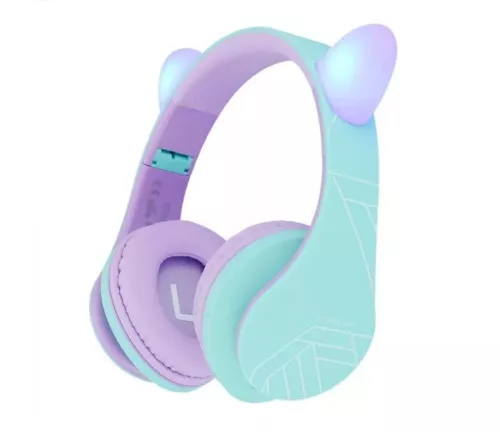 PowerLocus P2 Bluetooth fejhallgató gyerekeknek, beépített hangerőlimit funkció, lila/kékeszöld