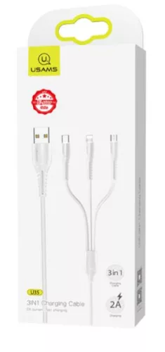 USAMS SJ367USB02 3 az 1-ben töltőkábel, Micro USB, Lightning, Type-C, fehér, 1341437