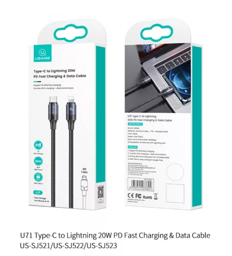 USAMS SJ522USB01 200cm-es Type-c to Lightning textil borítású PD gyortöltő kábel 20W 1380750
