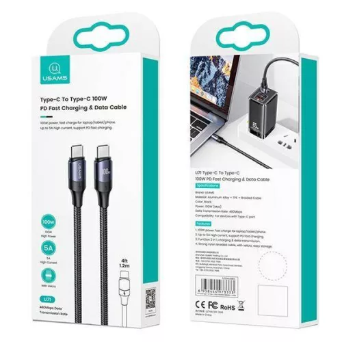 USAMS SJ524USB01 120cm -es textil borítású Type-c -Type-c gyorstöltő kábel 100W , 1375899