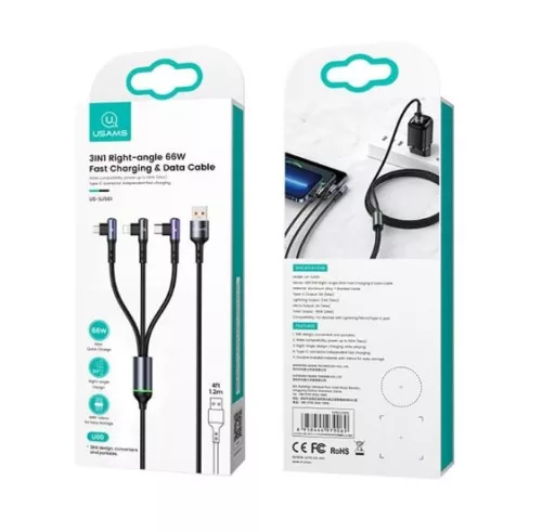 USAMS SJ561USB01 3 az 1-ben gyorstöltő és adat kábel Micro USB, Lightning, Type-C, 66W