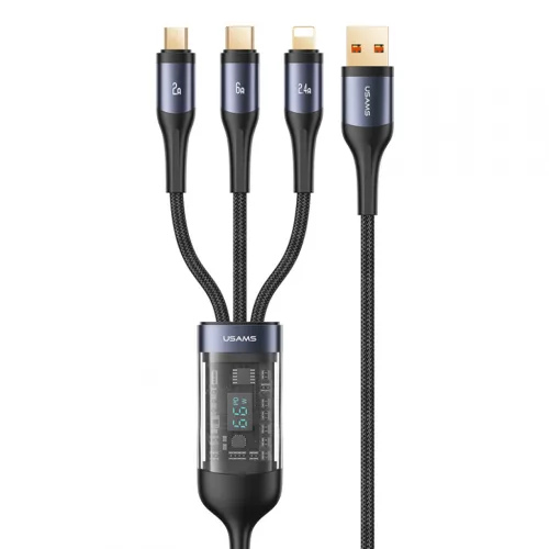 USAMS SJ582USB01 3 az 1 ben (micro usb, lightning, usb-c) gyorstöltő szövet kábel LCD kijlezővel