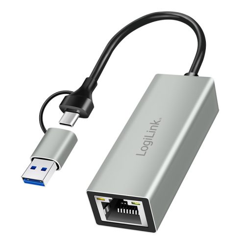 Logilink USB-C   Gigabit Ethernet adapter 2 az 1-ben USB-csatlakozással, szürke