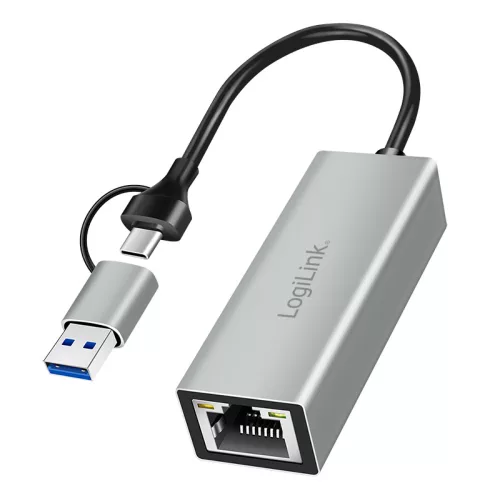 Logilink USB-C   Gigabit Ethernet adapter 2 az 1-ben USB-csatlakozással, szürke (UA0238B)