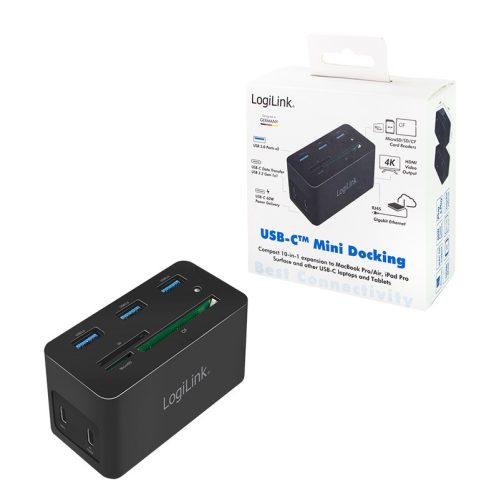 Logilink USB 3.2 Gen 1 dokkoló állomás, USB-C, 10 portos, PD, mini, fekete