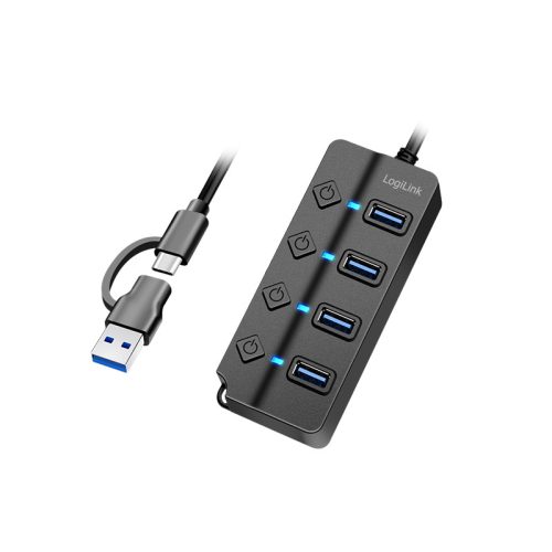 Logilink USB 3.2 Gen1 Hub, 4 port, be-/kikapcsoló, fekete