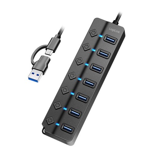 Logilink USB 3.2 Gen1 hub, 7 port, be-/kikapcsoló, fekete