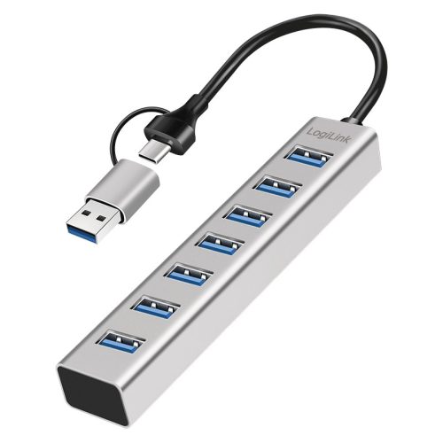 Logilink USB 3.0 hub, 7 port, 7x USB-A, 2 az 1-ben csatlakozókábel, 5 Gbit/s, ezüst