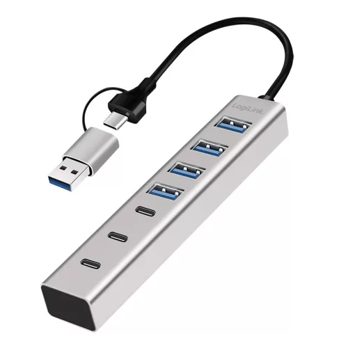 Logilink USB 3.0 hub, 7 port, 4x USB-A, 3x USB-C, 2 az 1-ben csatlakozókábel, 5 Gbit/s, ezüst (UA0442)