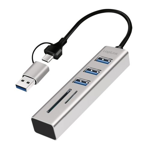 Logilink USB 3.0 hub, 3x USB-A, SD/microSD nyílás, 2 az 1-ben csatlakozókábel, 5 Gbit/s, ezüst