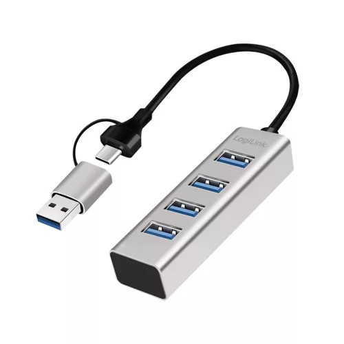 Logilink USB 3.0 hub, 4x USB-A, 5 Gbit/s, 2 az 1-ben csatlakozókábel, ezüst (UA0455)