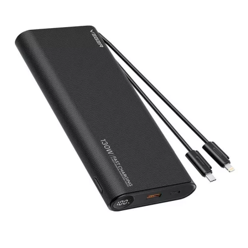 Veger TCE130 (W2503) PD 130W 25000 mAh Power Bank beépített C típusú kábellel / Lightning fekete